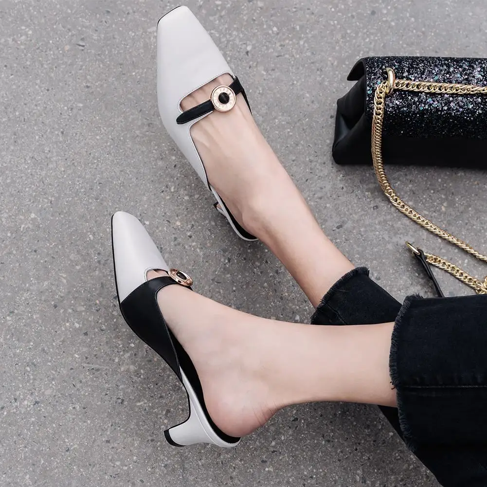 

RIBETRINI Female Summer Comfort Leather Lining Shoes Woman Brand Decorating Med Heels Slippers Women Square Toe Leather Slippers