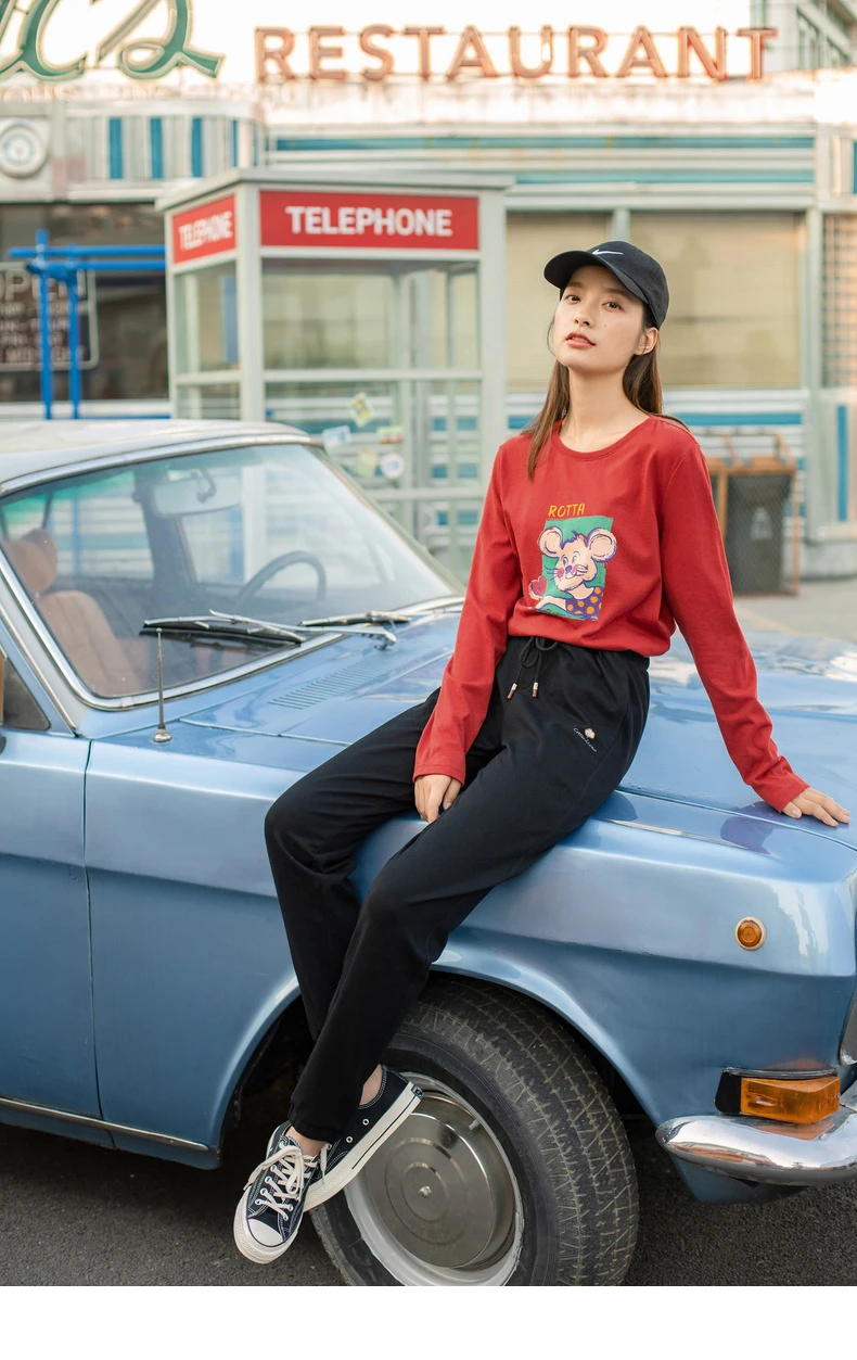 INMAN 2020 Autumn New Arrival Drawstring Elastic Waist Cotton Embroidery Micro-elastic Pencil Trousers
