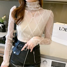 

2022 Autumn Women's Blouses Hollow Out Gauze Tops for Women Slimming Solid Turtleneck Clothing Woman Long Sleeve Basic Blouse OL