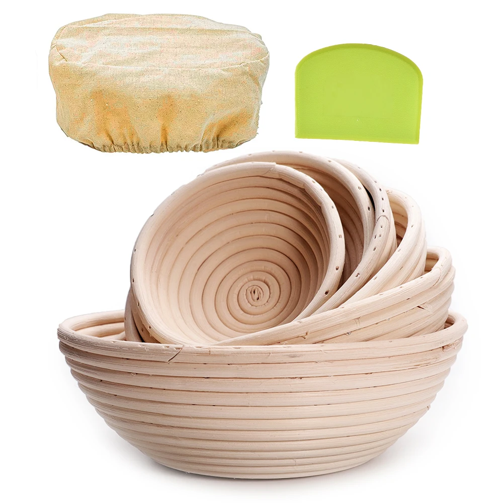 Rattan Bread Basket for Baking with Cloth Liner & Dough Scraper