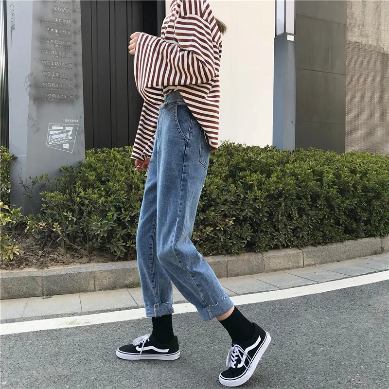 Goedkoop WITHZZ Lente Herfst Katoen vrouwen Jeans Losse Jeans Vrouwen Vintage Vrouwelijke Broek Hoge Taille Harembroek Jeans