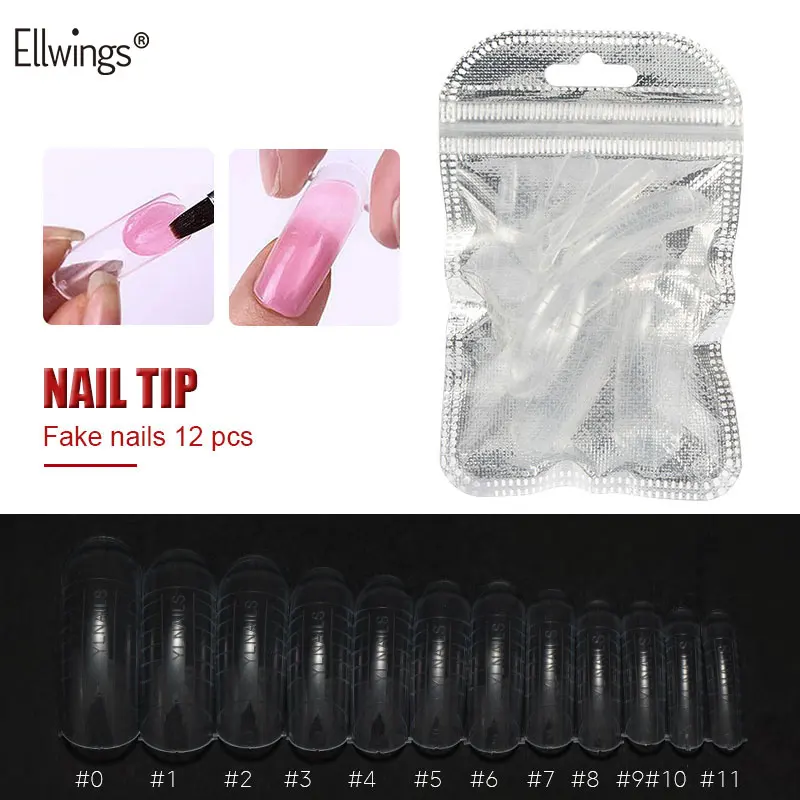 Набор накладных ногтей Ellwings, 12 размеров, белый, прозрачный цвет, УФ-наконечники, клипса, форма для наращивания пальцев, для быстрого маникюра, полигель