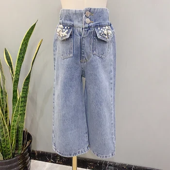 

Spring Autumn girls jeans baby denim pants kids trousers children bottoms streetwear double circle waist wide leg 3 to 8 yrs