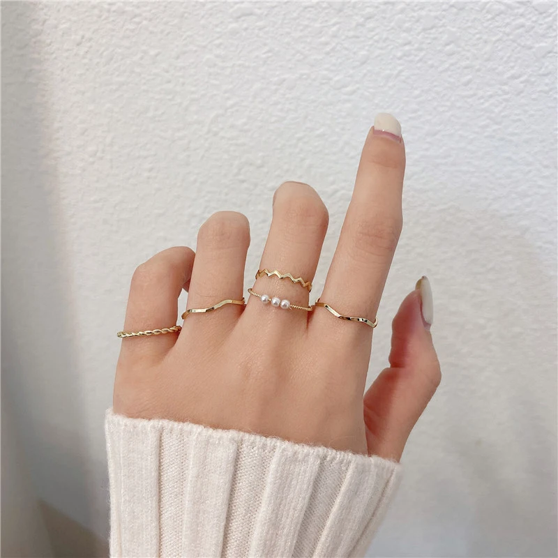 trendy gold rings 5 Pcs/Set Simple Fashion Wave Pattern Ring Set for Women Trend Personality Pearl Zirocn Metal Multilayer Ring Jewelry Girl Gift Trendy Rings Trendy Rings