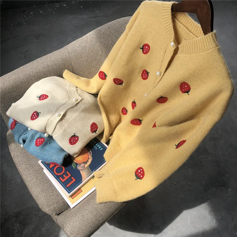 OCEANLOVE Lurex Shiny Cardigans Embroidery Strawberries Sweet Sweaters Women Soft Korean Kawaii Chaqueta Mujer Beading 13265