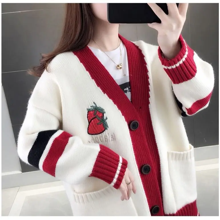 

2020 new women's autumn and winter loose strawberry knitted cardigan women's wind sweater coat