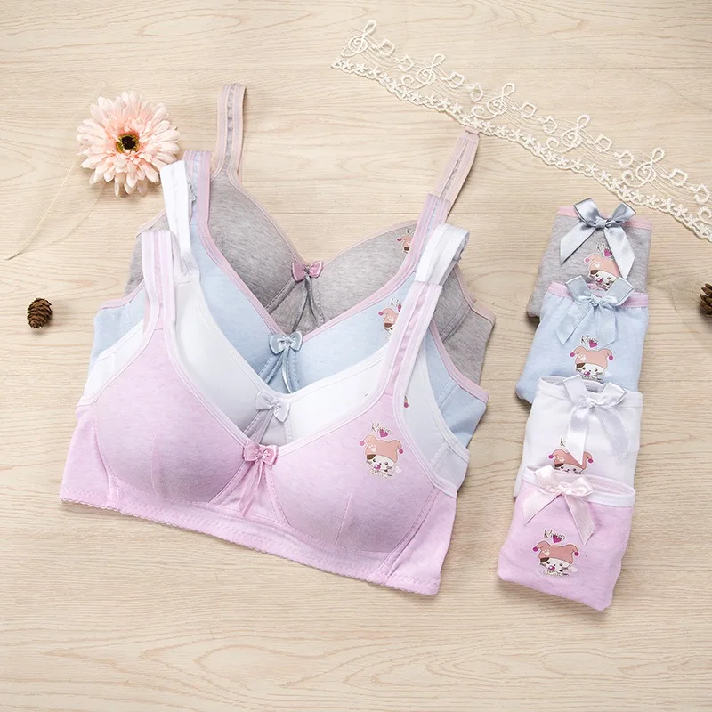 

Girls Thin Cup Push Up Bra Set Cute Cartoon Print Teens Student Small Chest Wire Free Bowknot Comfy Bras Lingerie Set