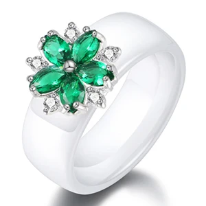 AAA зеленый цветок Кристалл женские кольца 8 мм ширина черный белый здоровые керамические кольца палец для женщин Свадьба подарок на день рождения - Цвет основного камня: White