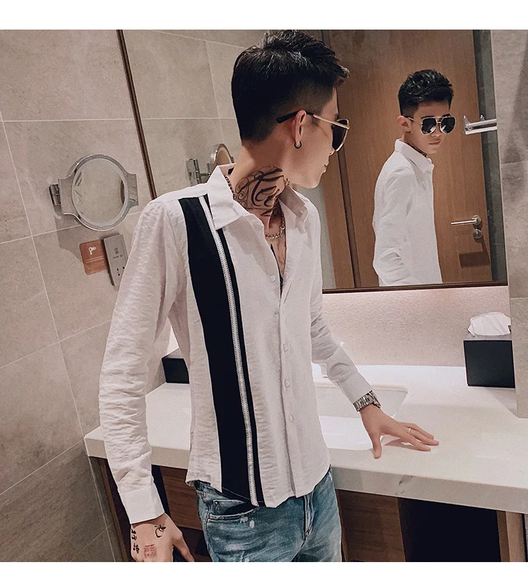 Camisa Social Masculina/Новая Осенняя мужская рубашка с длинными рукавами в полоску спереди, повседневная мужская одежда, приталенная рубашка-смокинг 3XL