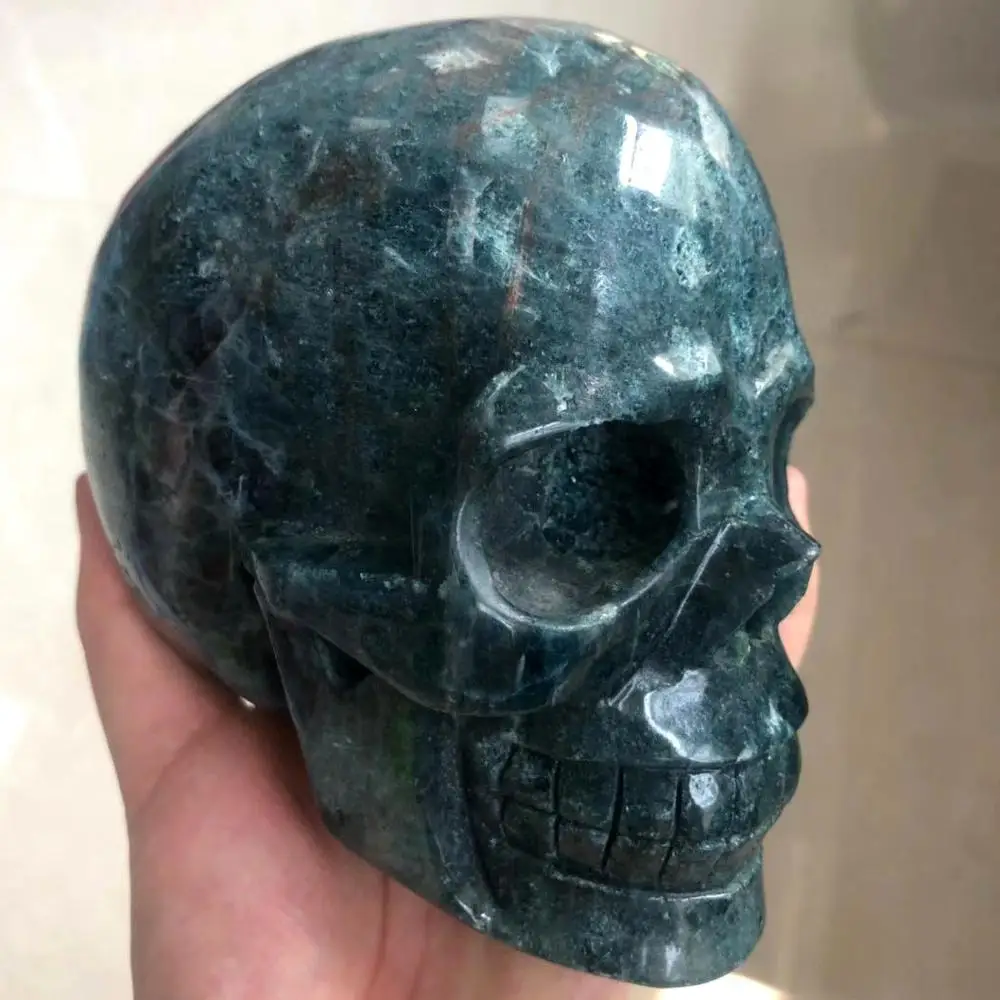 Удивительный 2,05 кг Редкий Натуральный хороший ручной резной Синий Апатит Камень Кристалл Рейки череп для украшения 5,1 ''FMX