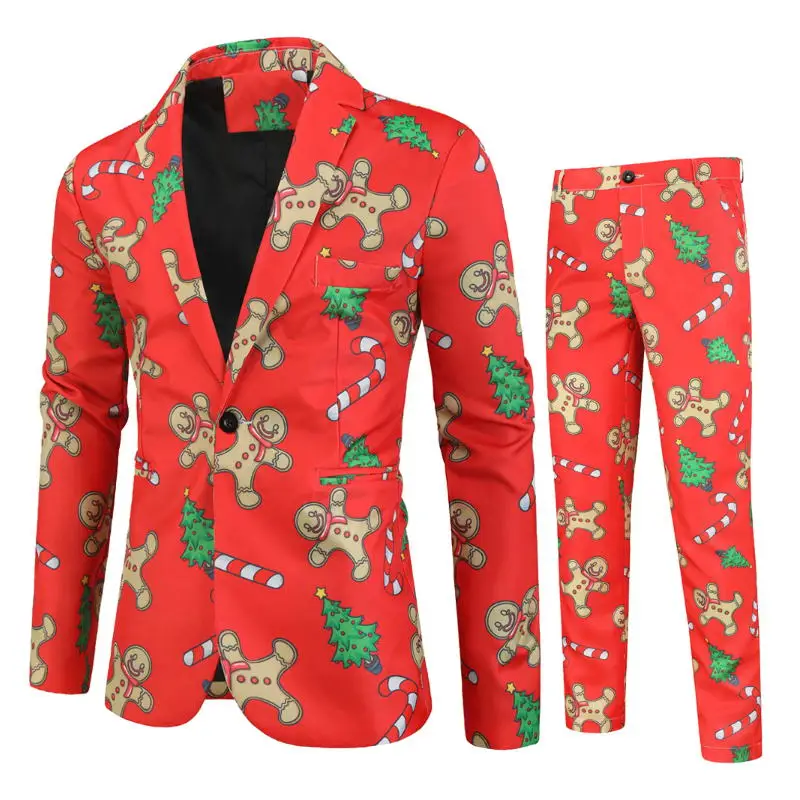 Мужской облегающий костюм с рождественским принтом, премьера-3XL, мужской костюм из 2 предметов, вечерние костюмы для выпускного - Цвет: 2TZ-XK26