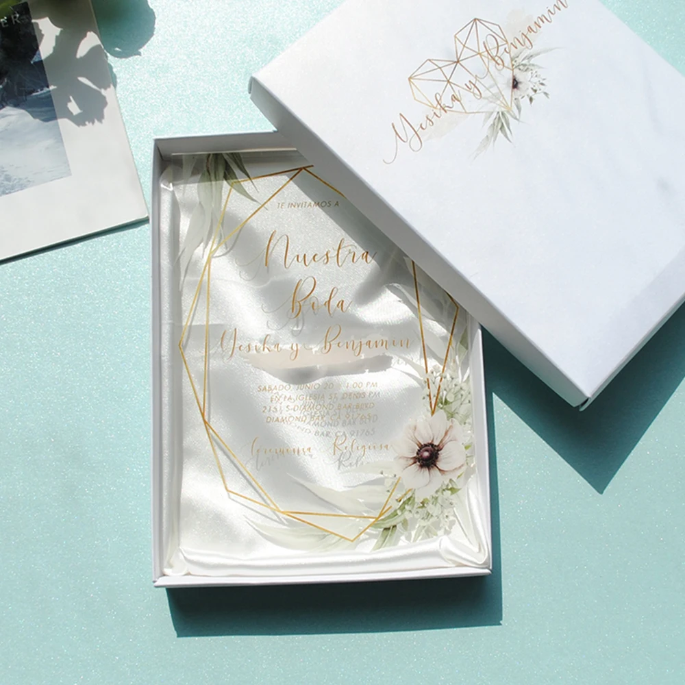 Personalized Acrylic Card with Blank Boxes and Satin, Customized Wedding  Invitations, 10Pcs