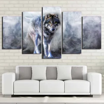 

HD Printed 5 Piece Canvas Art Wolf Painting White Smoke Modular Wall Pictures for Living Room Modern