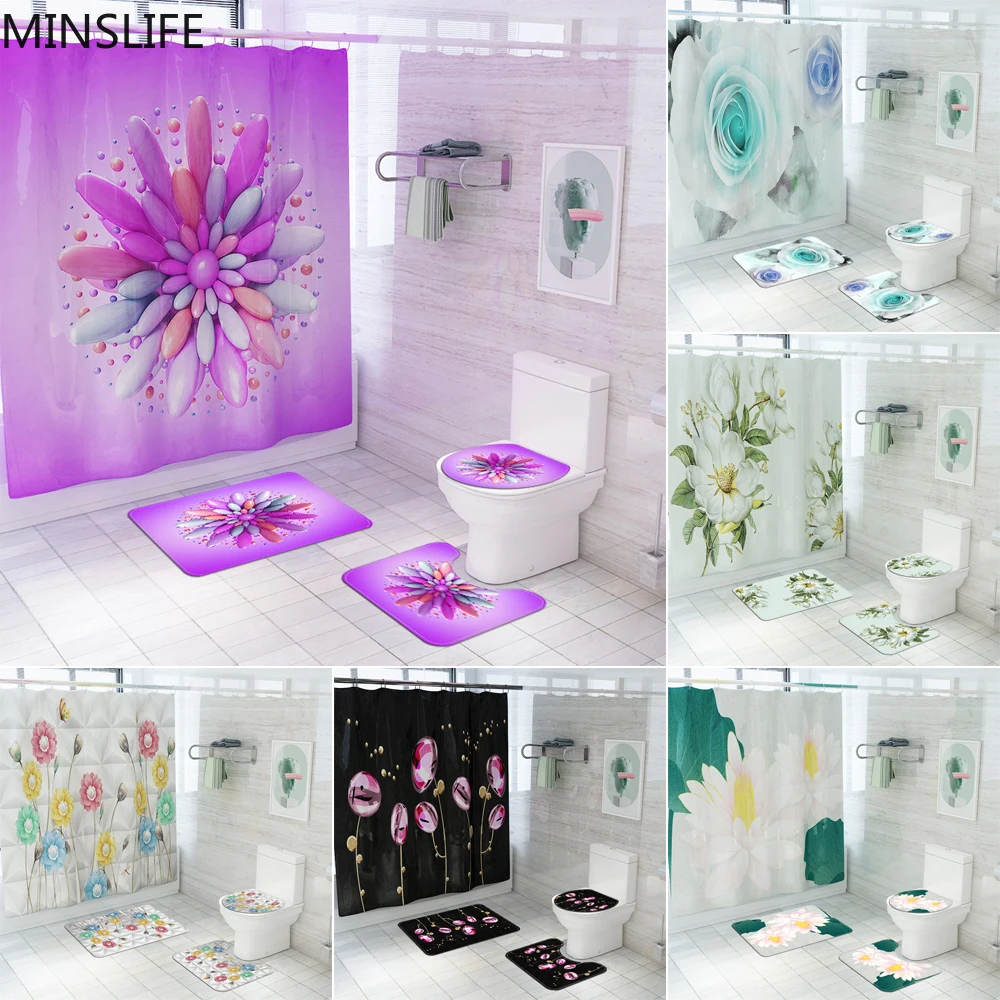 Creative and Colorful Flowers Print Bathroom Curtain Set with Shower Rugs Anti Slip Pedestal Toilet Cover Mat Carpet | Дом и сад