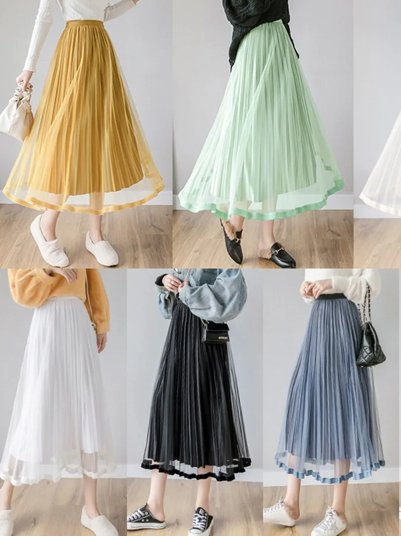 

Maxi Long White Black Mesh Skirts for Women Elastic High Waist Tulle Pleated Skirts Female Party Swing Skirt Saias Jupe