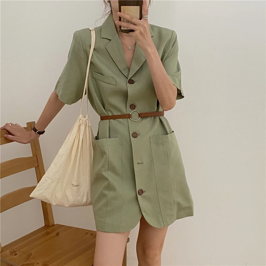 

2020 summer women dress retro single-breasted straight suit collar short sleeve blazer dress with belt mujer vestidos my525
