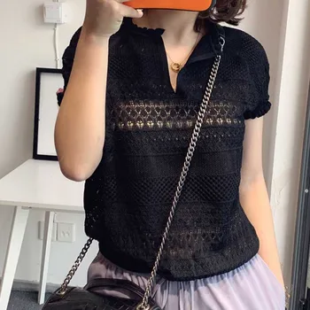 

Fashionable sexy French romantic girl wind hook flower hollow short sleeve Women's sweater short sleeve shirt