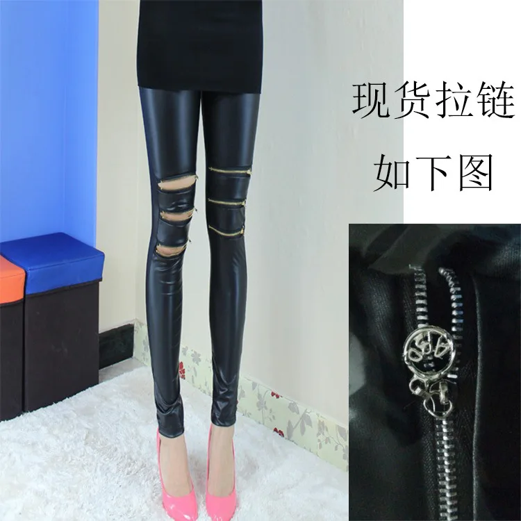 

2019 Spring And Autumn WOMEN'S Dress Hot Sales New Style Capri Pants Faux Leather Matt Knee Three Zipper Joint Leggings