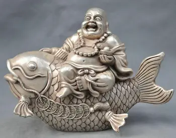

China Silver Bronze Happy Maitreya Buddha Monk Ride Fish Statue