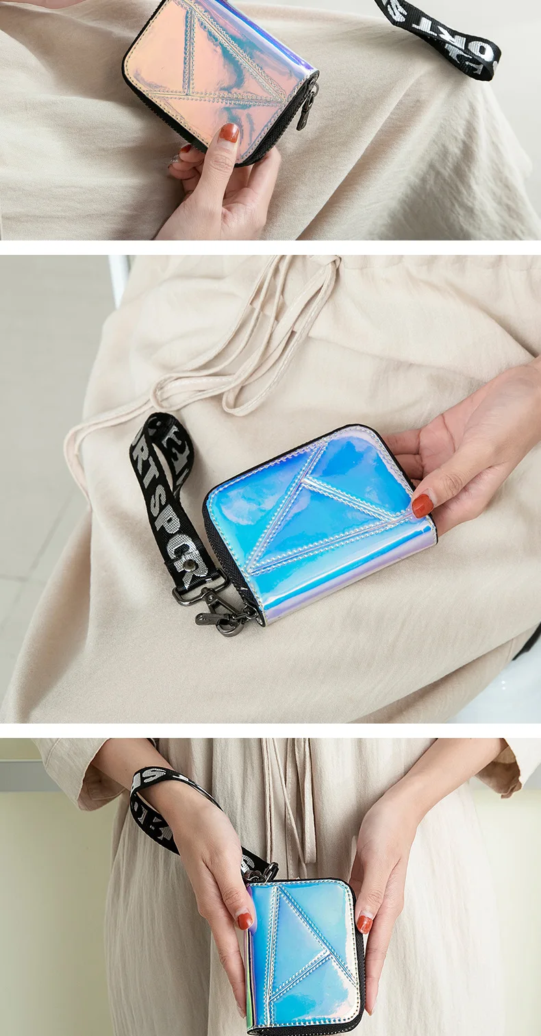 New Laser Card Holder Bag Women Card Wallet Girl Multi-card Card Holder Zipper Coin Purse Lanyard Holographic Wallet Women Purse