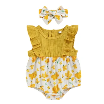 

2020 Summer Newborn Kid Baby Girl Clothes Romper Jumpsuit Cotton Linen Floral Outfit Ruffle Loose Playsuit Headband