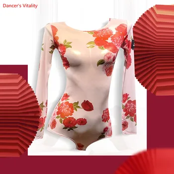 

Fashion Print Latin Dance Tops New Adult Female Long Sleeved Practice Clothes Women Ballroom Dance Stage Performance Costumes