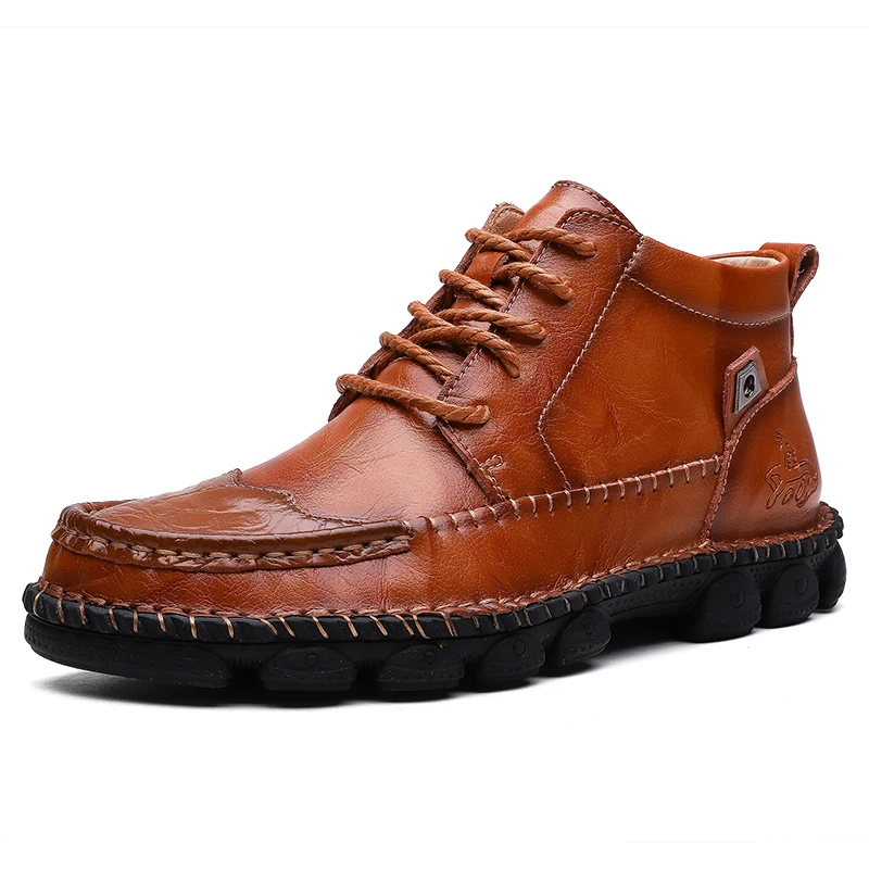 Мужские осенние кожаные ботинки; удобные мужские теплые ботинки на меху; ковбойские ботильоны с высоким берцем; мужская повседневная обувь; - Цвет: 866Red-Brown