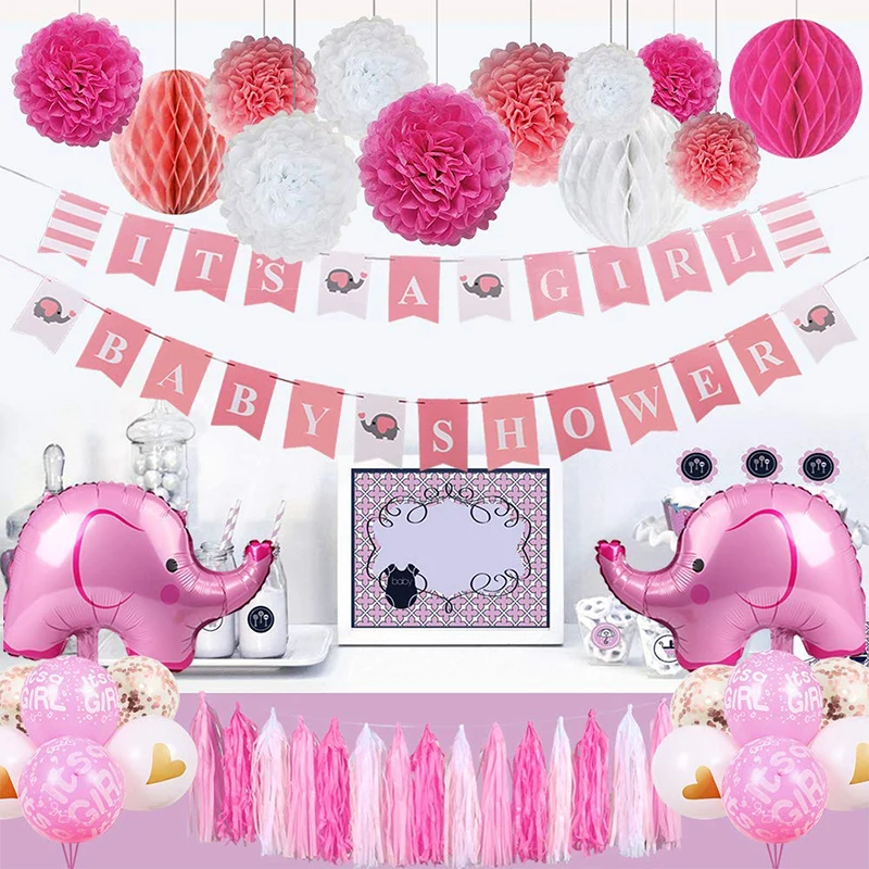 

Baby Shower Decorations for Girl Elephant Theme It's A Girl Party Decor With Baby Elephant Balloons Pink Girl Shower Banners