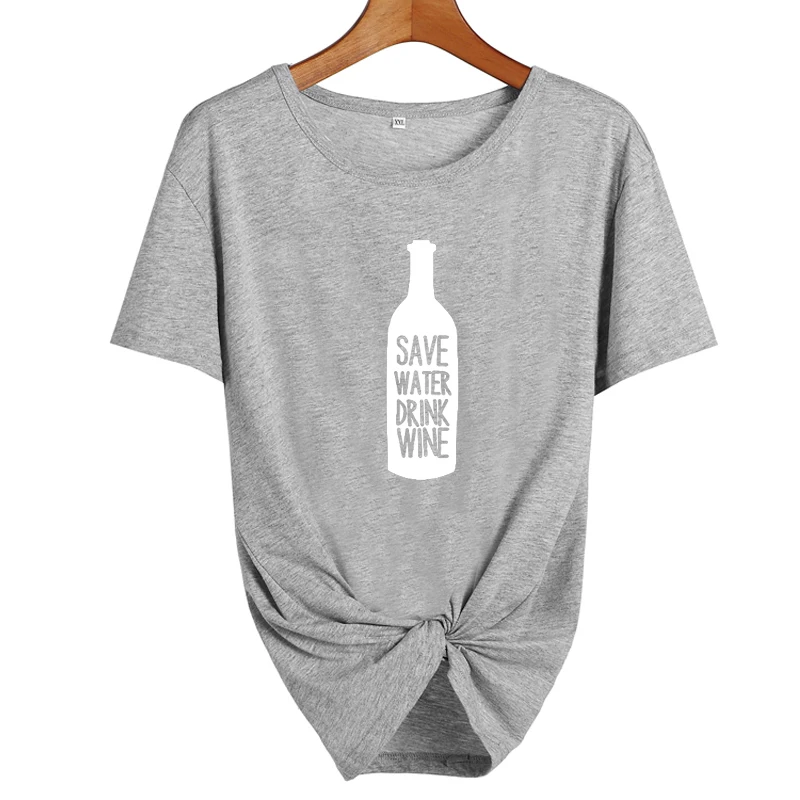 Забавная футболка с надписью «Save Water Drink Wine» и надписью «Wine Lovers», женские готические вечерние футболки в стиле Харадзюку, женская одежда, модные футболки - Цвет: gray-white
