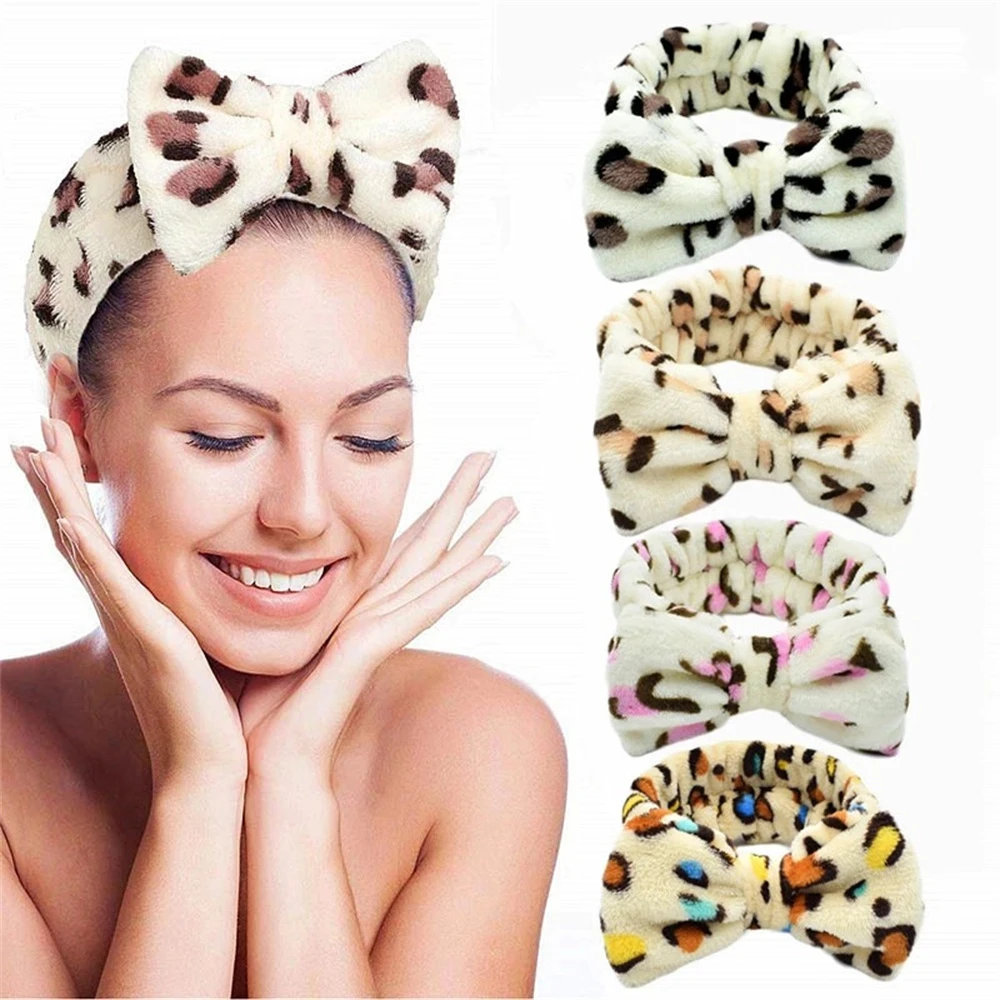 Leopard Makeup Wash Face Headbands For Women Coral Fleece Bow Dot