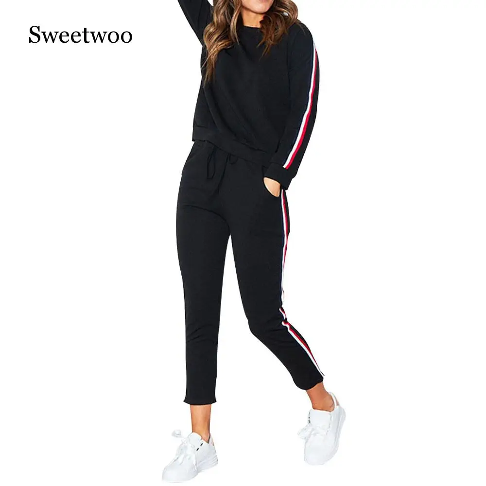 Womens Casual Sweatshirt Suits Sports-wear 2 PCS Tracksuits Set Ladies Striped Active Sport Loungewear Running Fitness Suit