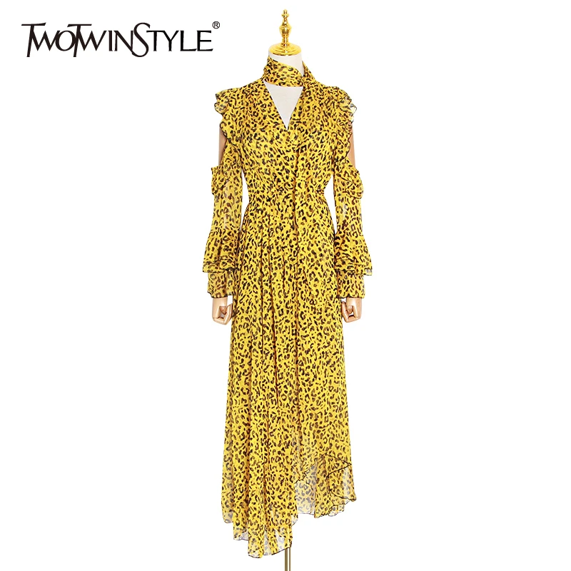 TWOTWINSTYLE Leopard Female Dresses For Women Off Shoulder Flare Sleeve Asymmetric Hem Backless Ruffles Dress Female Vintage New TWOTWINSTYLE Leopard Female Dresses For Women Off Shoulder Flare Sleeve Asymmetric Hem Backless Ruffles Dress Female Vintage New