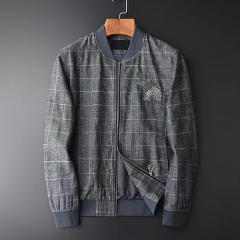 

New Linen Male Jackets Luxury Linen And Cotton Blending Baseball Collar Man Coats Plus Size 4XL Slim Fit Plaid Mens Jackets