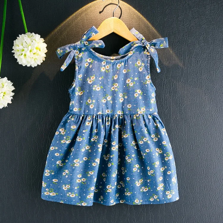 

2019 Summer New Style Girls Korean-style Denim Skirt Small Floral Children Sleeveless Full Body Dress