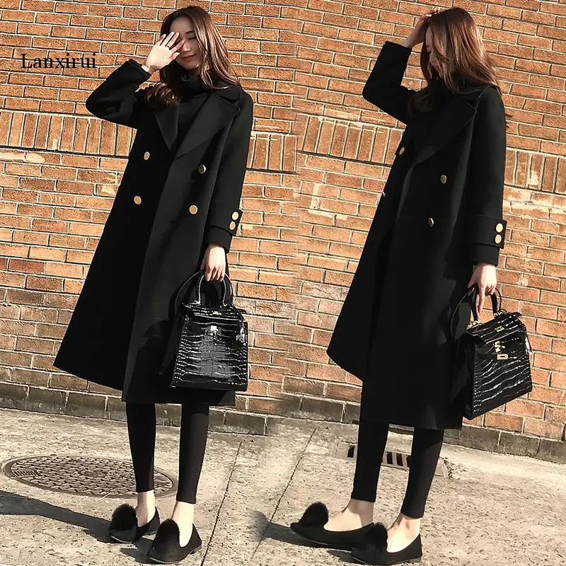 Осень и зима новая Корейская версия свободного тонкого шерстяного пальто женское длинное черное шерстяное пальто модное женское