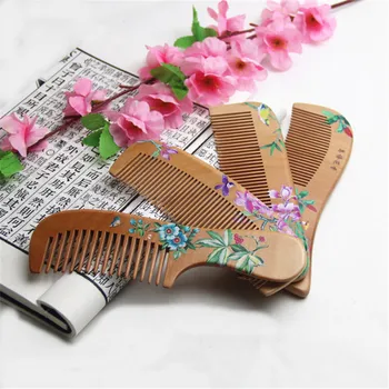 

1Pc Vintage Design Floral Print Peach Wood Hairbrush Comb For Salon Family Use Hairdressing Anti-static Massage Scalp Combs