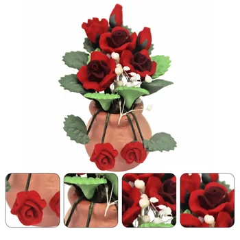 

1pc Adorable Fashionable Crafted Miniature Scene Model Flower Pot Ornament Mini Plant Model Rose Potted for Decor