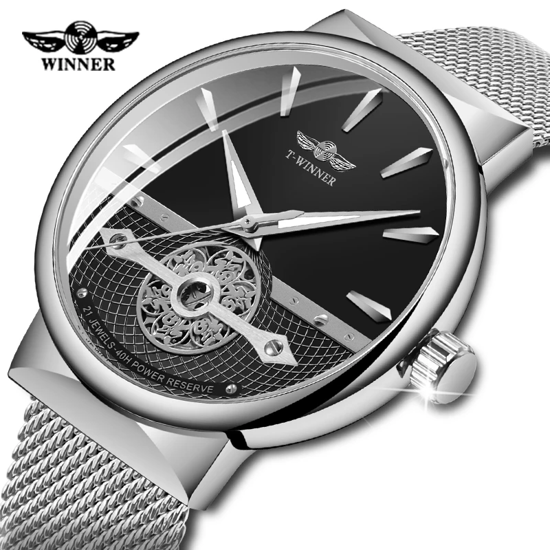 

New WINNER Mens Automatic Watch Silver Simple Hollow Skeleton Slim Mesh Strap Wristwatch Self-Wind Mechanical Waterproof Clock