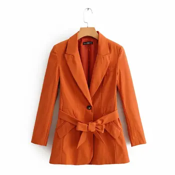 

Women Elegant Solid Color Bow Tied Sashes Blazer Notched Collar Pocket Long Sleeve Female Causal Stylish Outwear Coat Tops