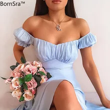 Bornsra 2021 verão novo sólido simples de uma palavra ombro comprimento saia verão slash neck puff manga vestidos para mulher