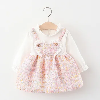 

Baby Dress 2020 Autumn Dress Children Shirt Korean Style Lovely Fake Two-piece Woven Skirt Above Knee, Mini Plaid Cotton Casual