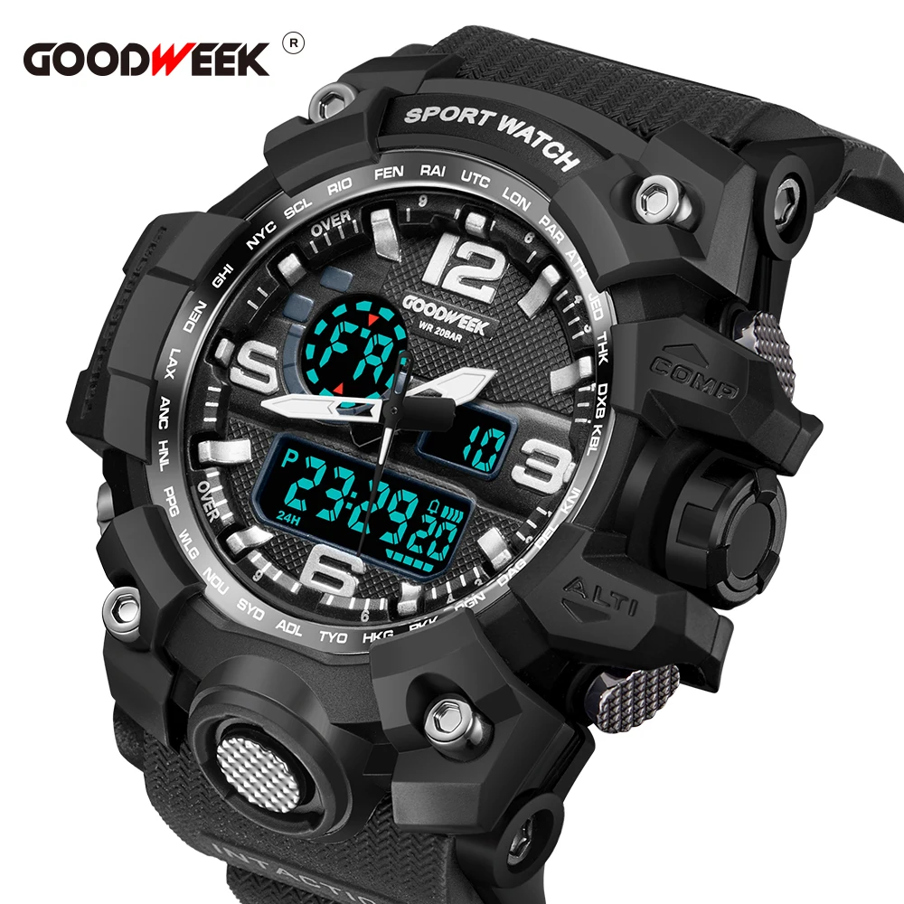 Günstig GOODWEEK Mann Sport Uhr Militär Armee Wasserdichte Digital Quarz Uhr Für Männer Dual Display Uhren Schwimmen Relogios Masculino