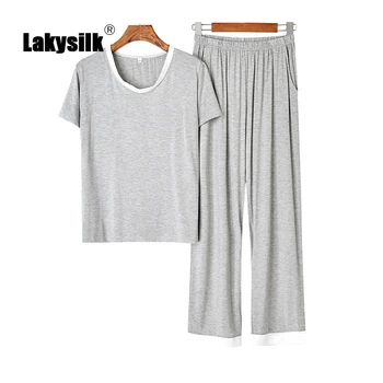 

Cotton Pajama Sets Spring Summer Simple Comfortable Modal Knitting Sleepwear Female V-neck Short Sleeve Full Pants Solid Pajamas