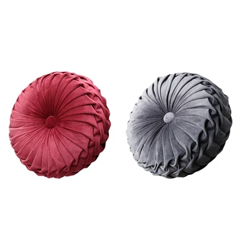 

2 Pcs European Style Round Seat Back Cushion Sofa Pillow Bed Pillow Velvet Fabric Pumpkin Seat Cushion - Grey & Red