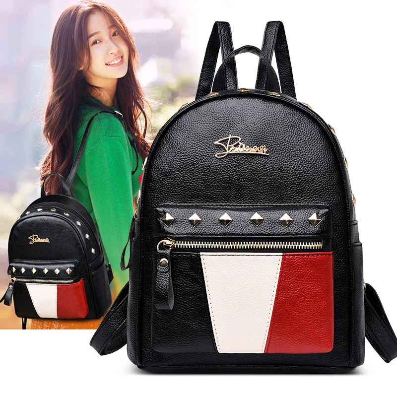 

2018 New Style Fashion Large Capacity Rivet Backpack Women's Multi-functional Contrast Color Casual Travel Bag Fashion