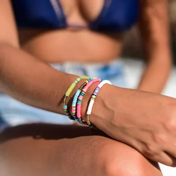 

5 Pcs/Set Stack Rainbow Vinyl Disc Bead Surfer Stretch Bracelet Gold Color Metal Beaded Summer Beach Bracelet Jewelry