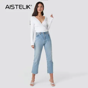 

AISTELIK 2020 spring and summer new long-sleeved V-neck tie wild tube top T-shirt fashion modal cotton comfortable
