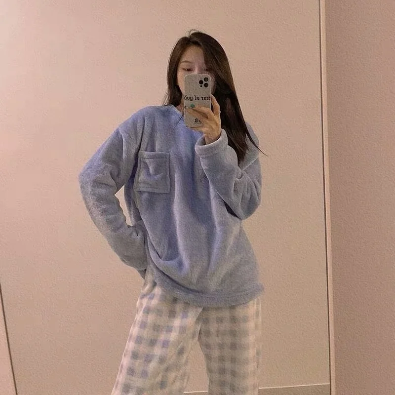 Conjunto de pijama de franela a cuadros para mujer, a la moda ropa