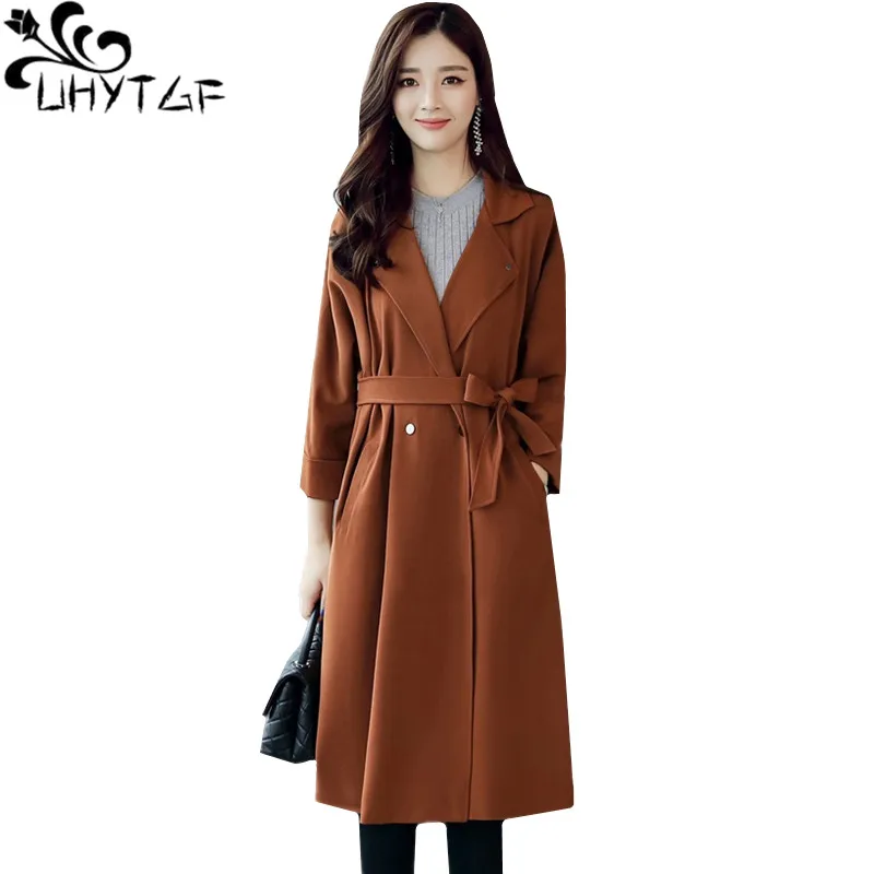 

UHYTGF Women's coat Double-breasted casual Female spring autumn trench coat Korean loose 4XL plus size windbreaker long coat 710