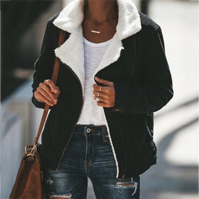 

2019 New Basic JacketWomen Faux Suede Warm Jacket Zipper Up Front Coat Outwear with Pockets Outwear Clothes Short Bomber Jacket